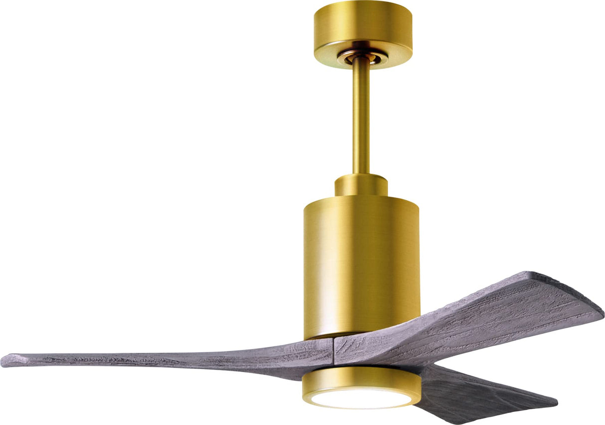 Matthews Fan PA3-BRBR-BW-42 Patricia-3 three-blade ceiling fan in Brushed Brass finish with 42” solid barn wood tone blades and dimmable LED light kit