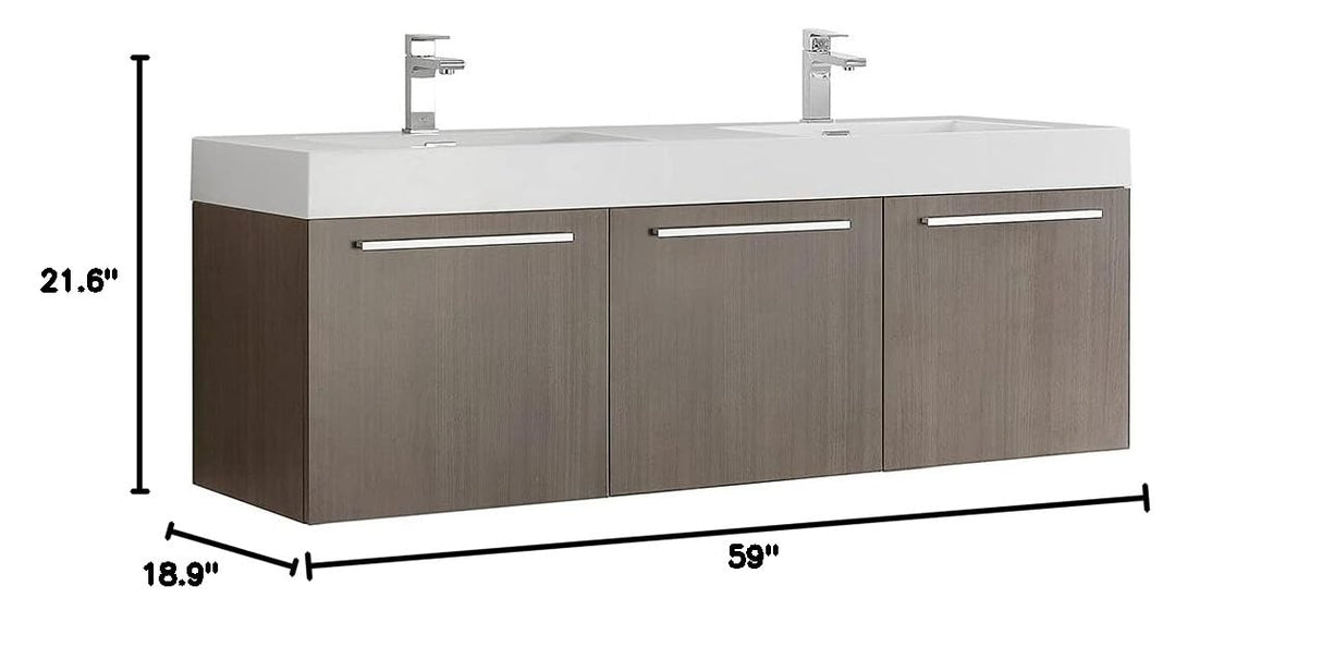 Fresca FCB8093GO-D-I Fresca Vista 60" Gray Oak Wall Hung Double Sink Modern Bathroom Cabinet w/ Integrated Sink