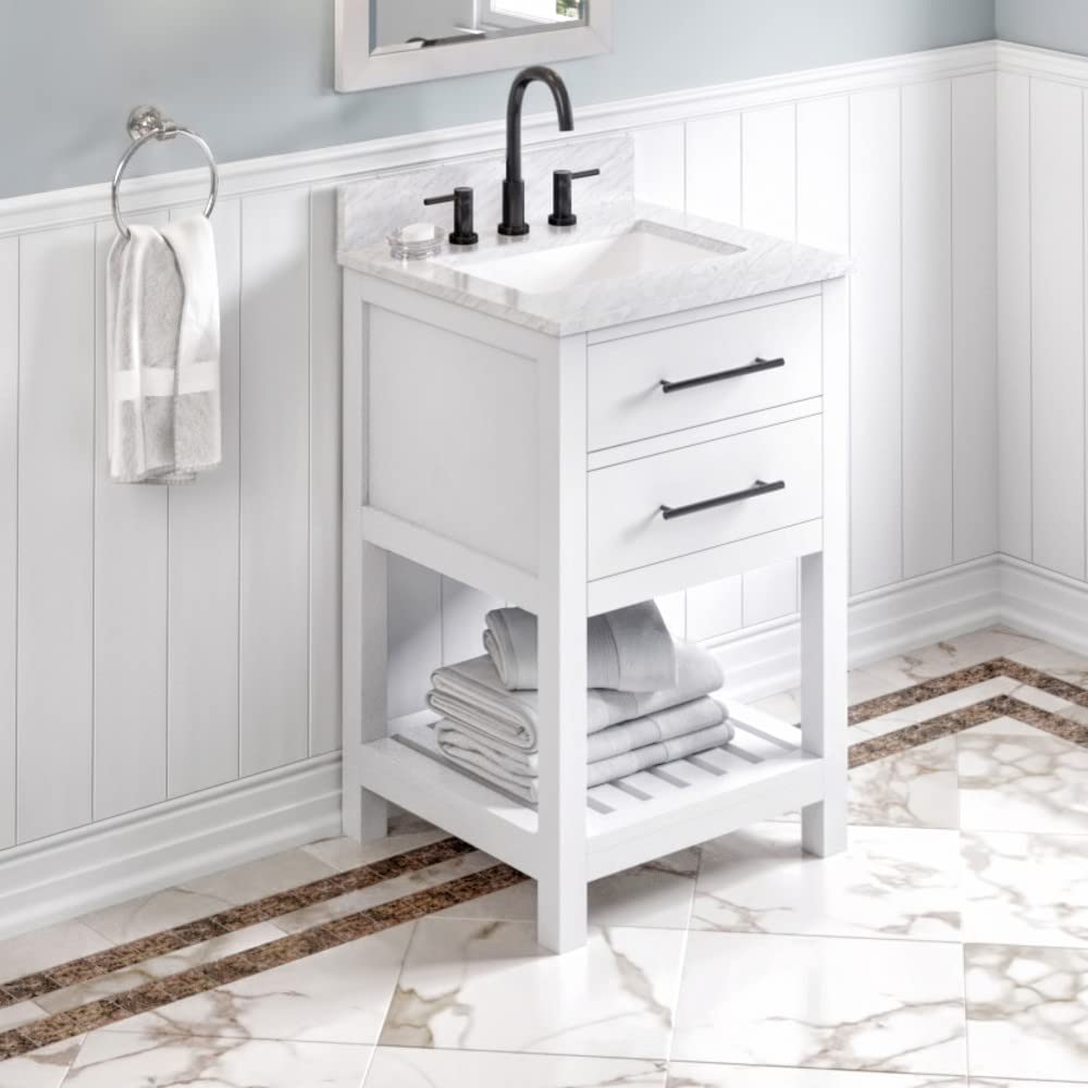 Jeffrey Alexander VKITWAV24WHWCR 24" White Wavecrest Vanity, White Carrara Marble Vanity Top, undermount rectangle bowl