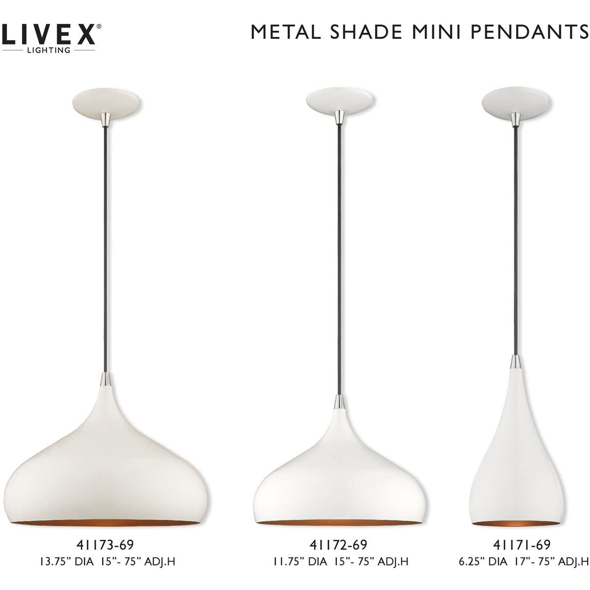 Livex Lighting 41171-69 Metal Shade - 6.25" One Light Mini Pendant, Shiny White Finish with Shiny White Metal/Gold Shade