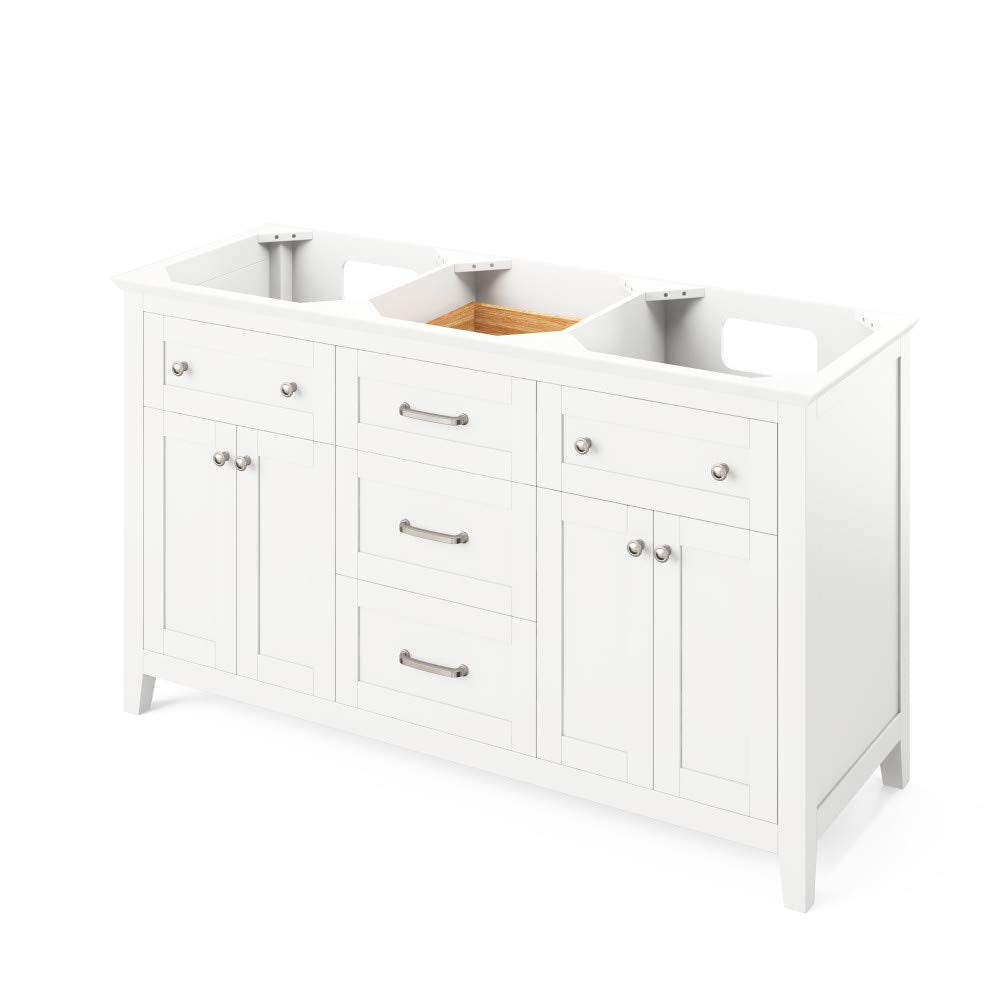 Jeffrey Alexander VKITCHA60WHWCR 60" White Chatham Vanity, double bowl, White Carrara Marble Vanity Top, two undermount rectangle bowls