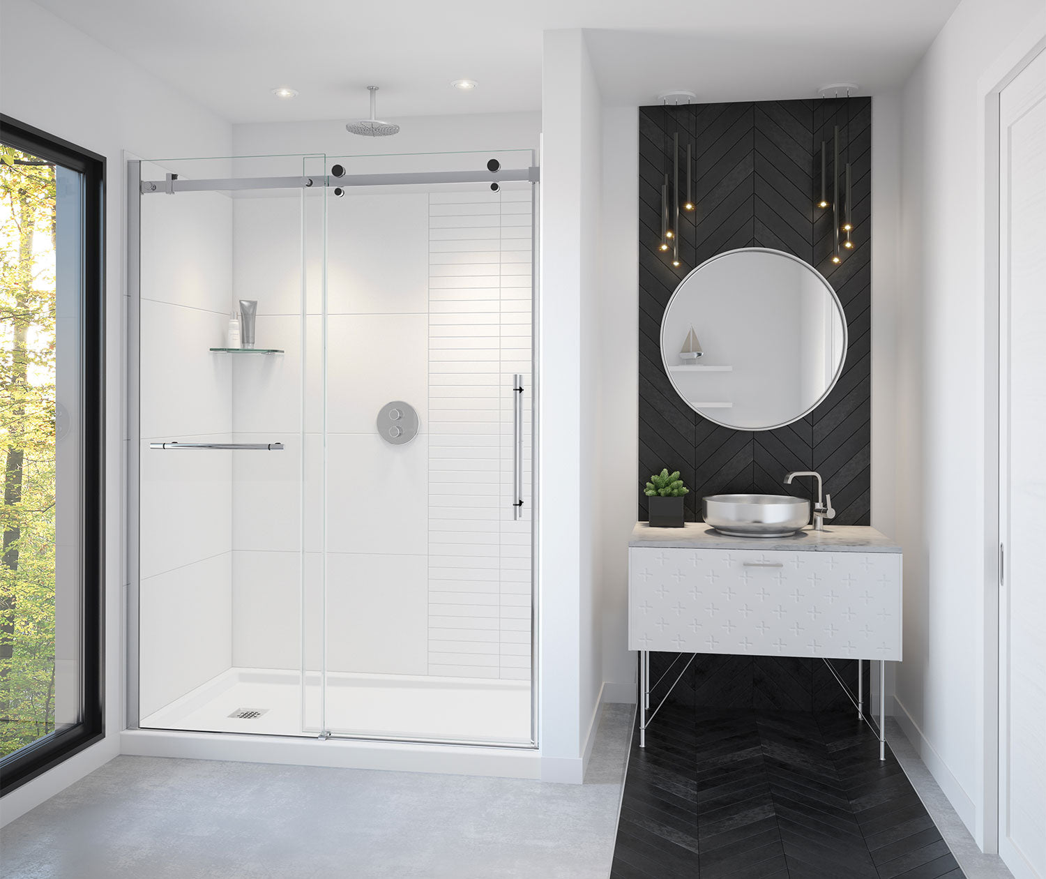 MAAX 138475-900-350-000 Vela 56 ½-59 x 78 ¾ in. 8mm Sliding Shower Door with Towel Bar for Alcove Installation with Clear glass in Chrome and Matte Black