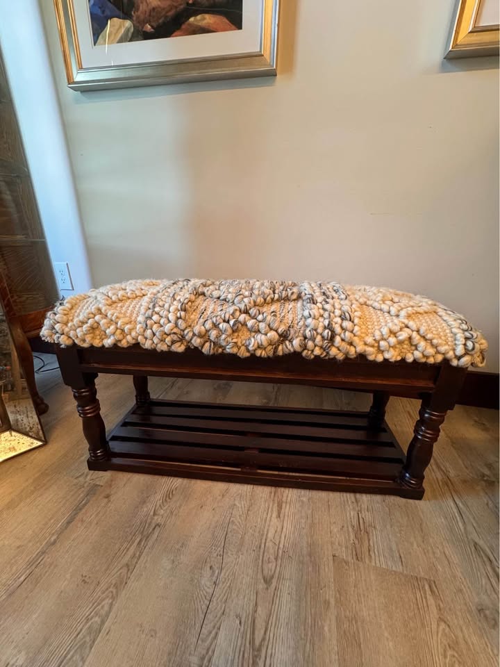 Knotted Wool Beige Grey Upholstered Solid Wood Bench Accent Furniture Bedroom Entryway
