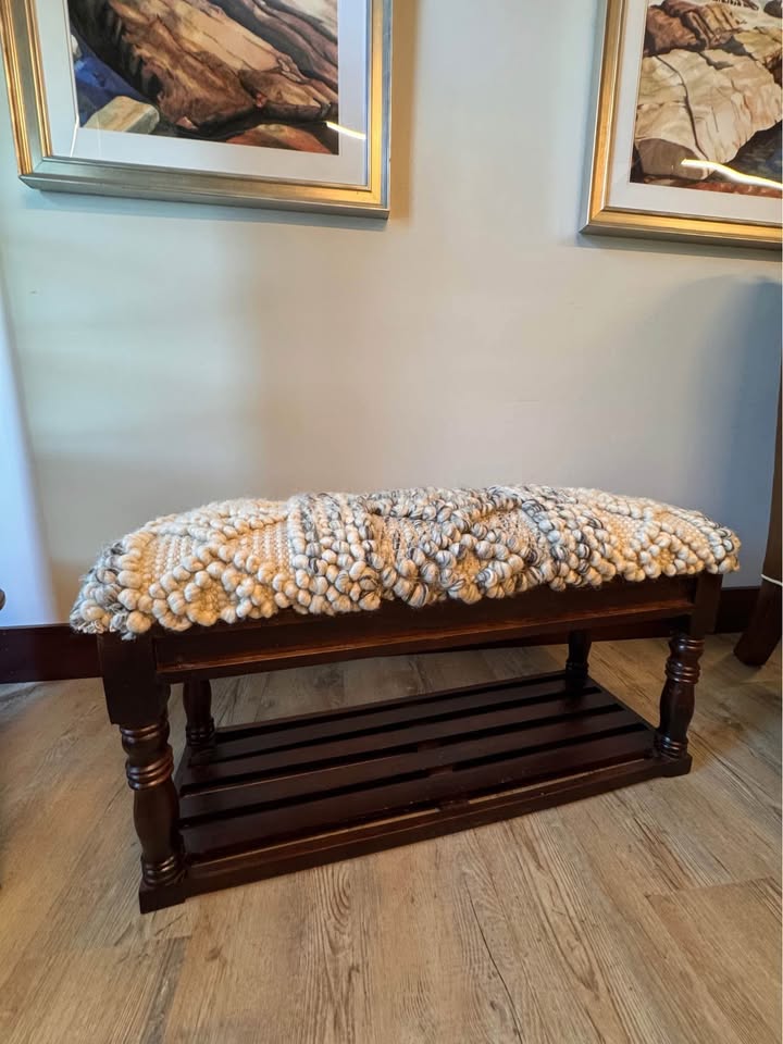 Knotted Wool Beige Grey Upholstered Solid Wood Bench Accent Furniture Bedroom Entryway