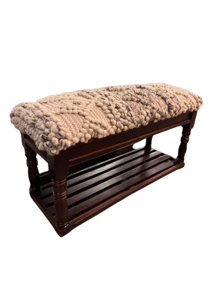 Knotted Wool Beige Grey Upholstered Solid Wood Bench Accent Furniture Bedroom Entryway