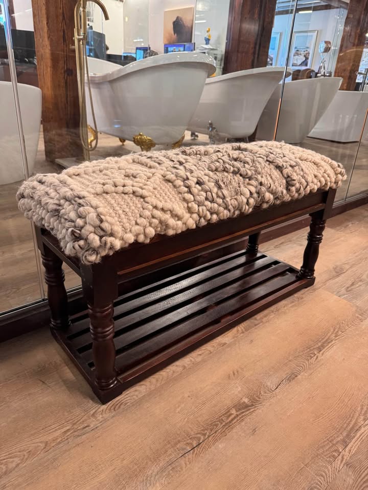 Knotted Wool Beige Grey Upholstered Solid Wood Bench Accent Furniture Bedroom Entryway