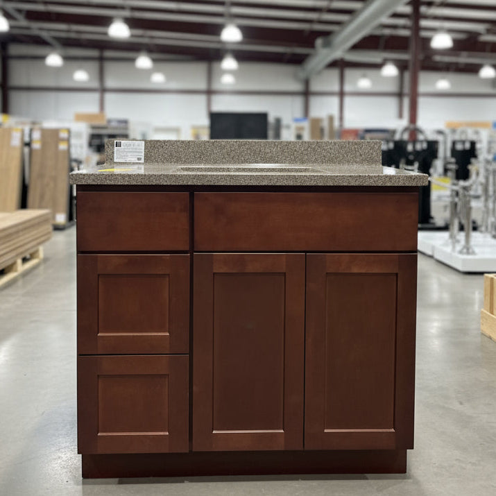 36″ JSI Shaker Bathroom Vanity with Bertch Solid Surface Top – Mocha Finish – Single Sink