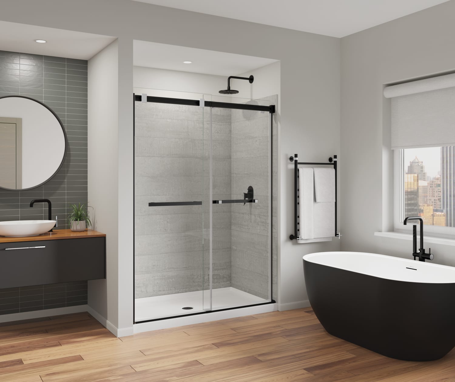 MAAX 136955-810-360-000 Duel Alto 56-59 X 78 in. 8mm Bypass Shower Door for Alcove Installation with GlassShield® glass in Matte Black & Chrome
