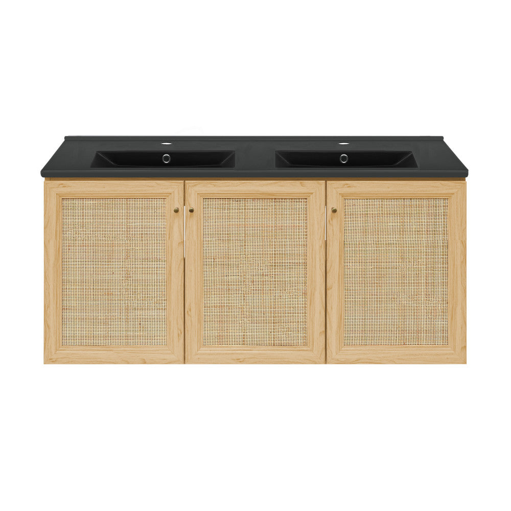 Classe 48" Wall-Mounted Bathroom Vanity in Natural Oak with Black Double Basin Sink Top