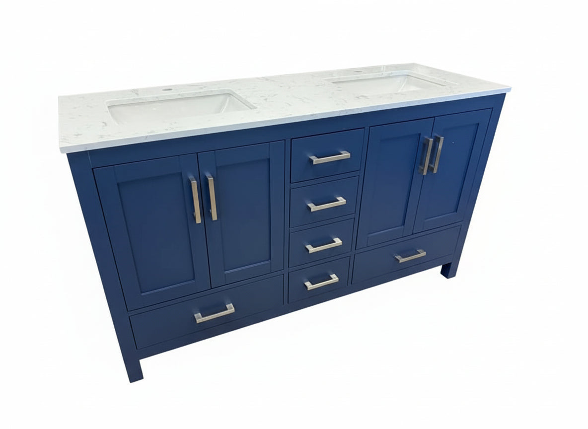 New England Home Goods 60" Double Sink Vanity in Navy with Double Bowl Quartz Top