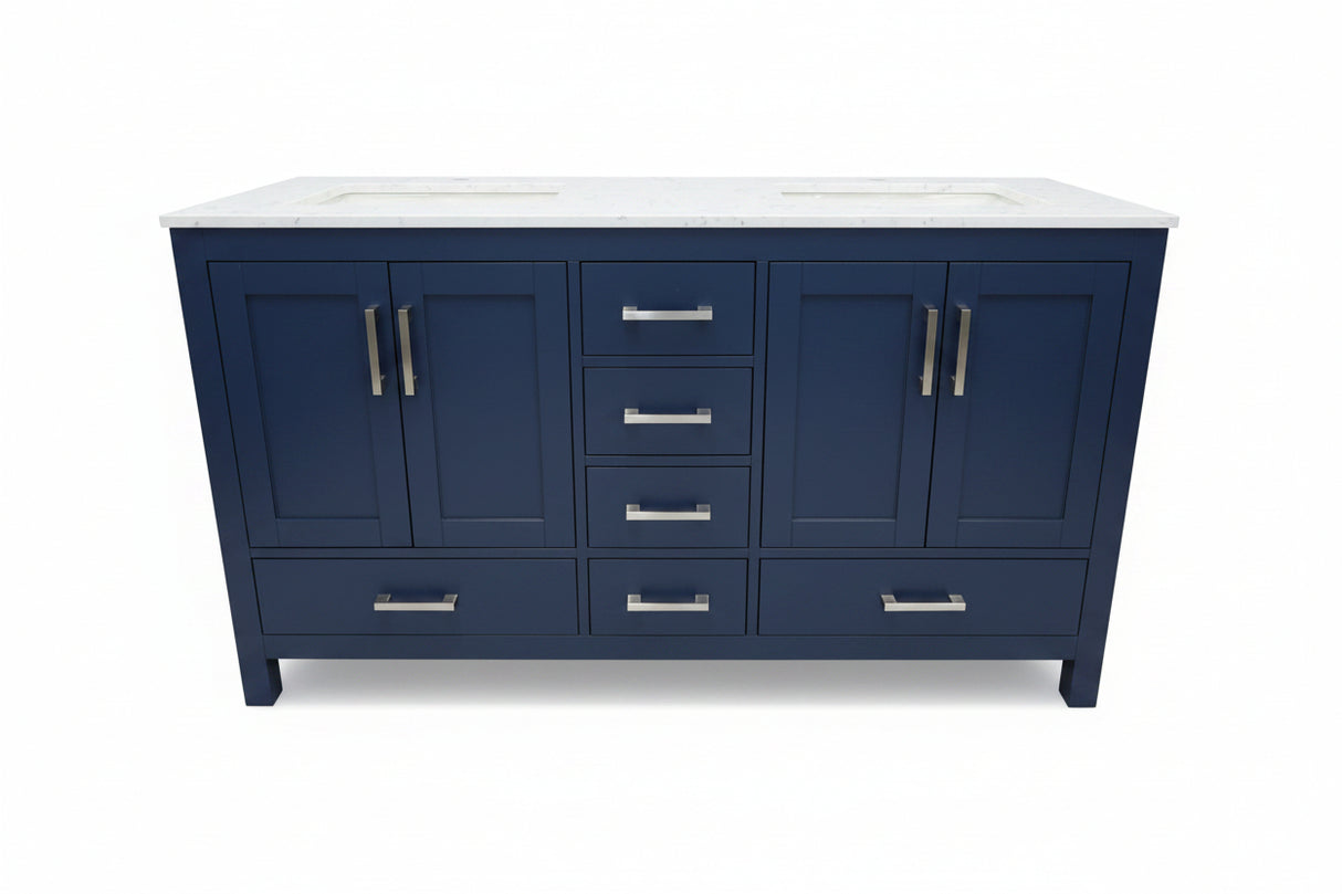 New England Home Goods "Bert" - 60" Double Sink Vanity in Navy with Double Bowl Quartz Top