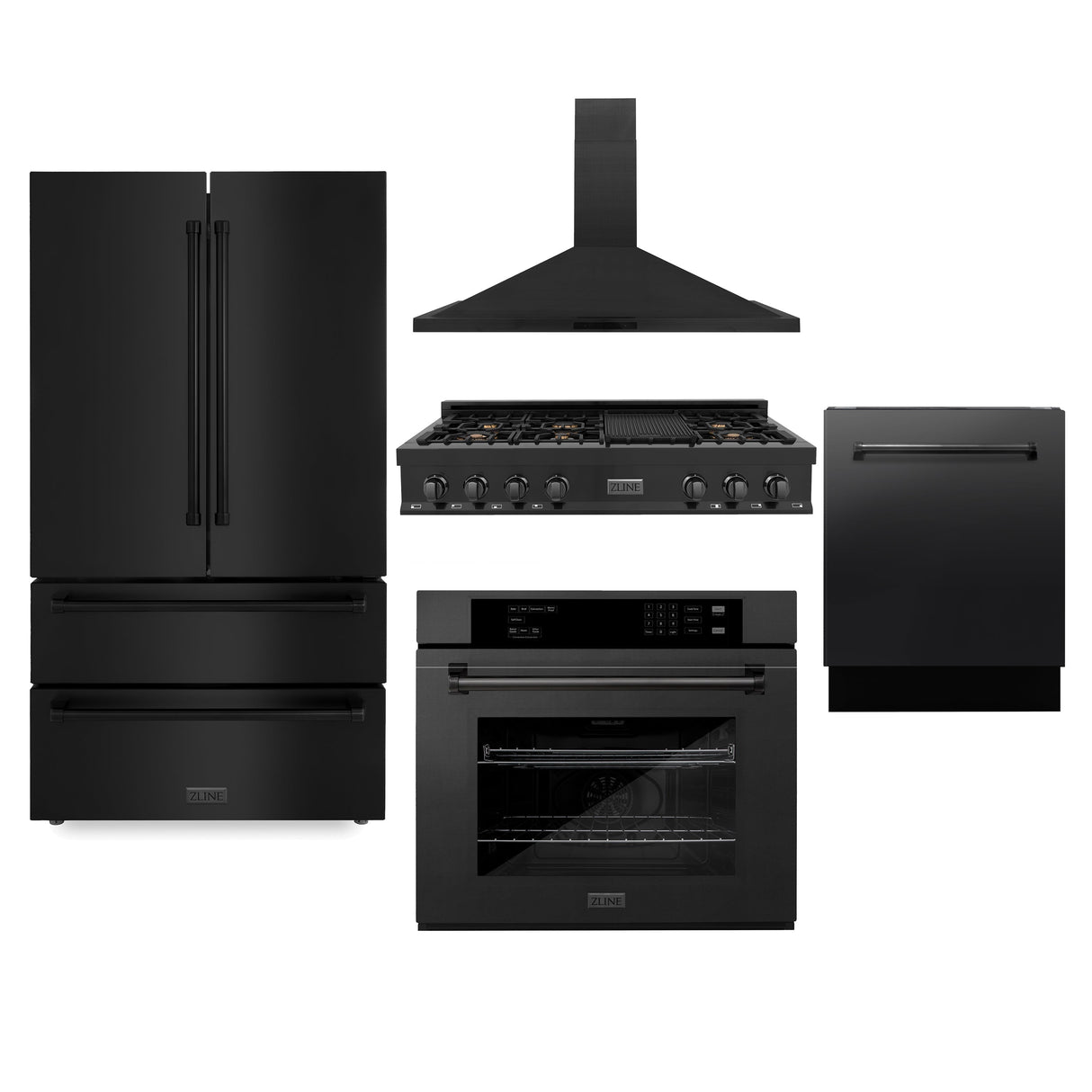 ZLINE Kitchen Package with Refrigeration, 48 in. Black Stainless Steel Gas Rangetop, 48 in. Convertible Vent Range Hood, 30 in. Single Wall Oven, and 24 in. Tall Tub Dishwasher (5KPR-RTBRH48-AWSDWV)