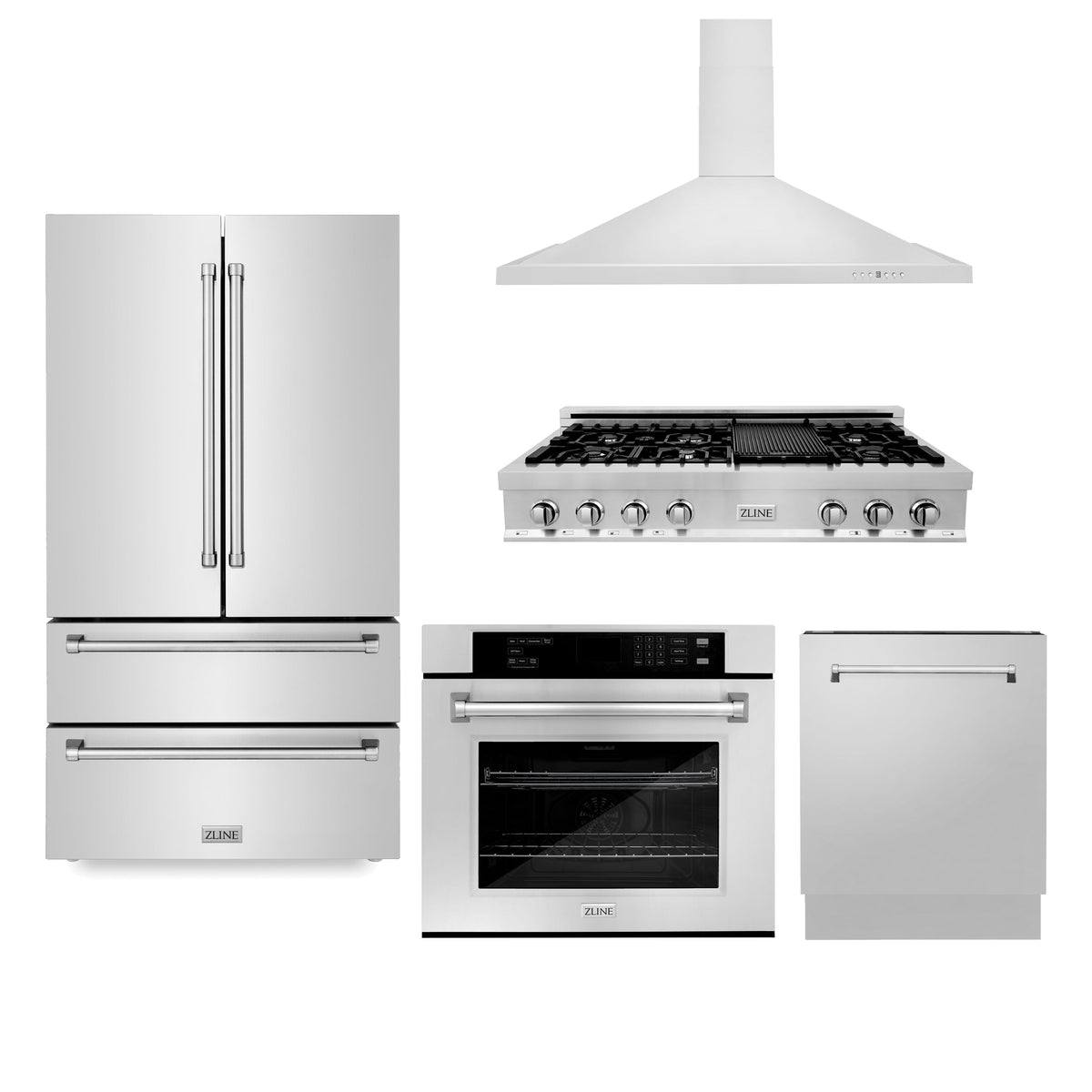 ZLINE Kitchen Package with Refrigerator, 48 in. Stainless Steel Rangetop, 48 in. Range Hood, 30 in. Single Wall Oven and 24 in. Tall Tub Dishwasher (5KPR-RTRH48-AWSDWV)