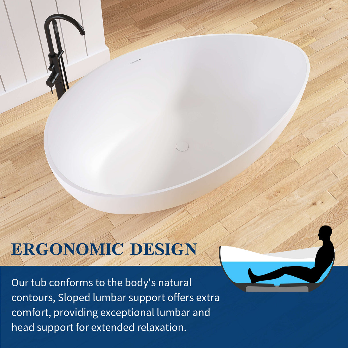 New England Home Goods K 63" Freestanding Tub in White - Stone Resin Solid Surface