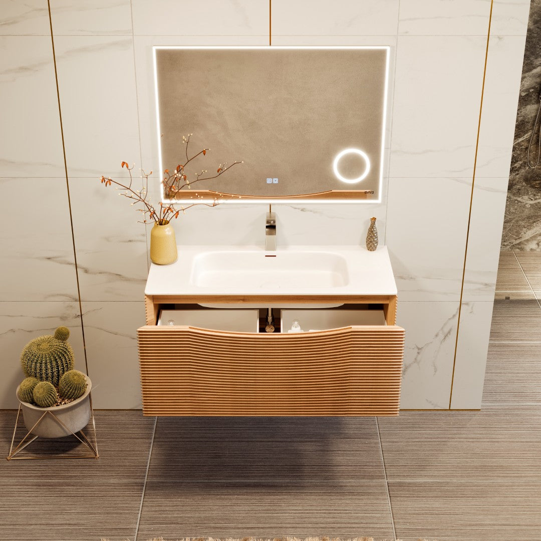 Leah 32 in. Medium Oak Wall Mount Single Sink Bath Vanity with Solid Surface Top and Integrated Sink