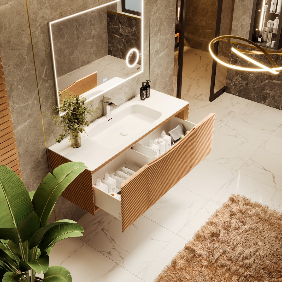 Leah 39 in. Medium Oak Wall Mount Single Sink Bath Vanity with Solid Surface Top and Integrated Sink