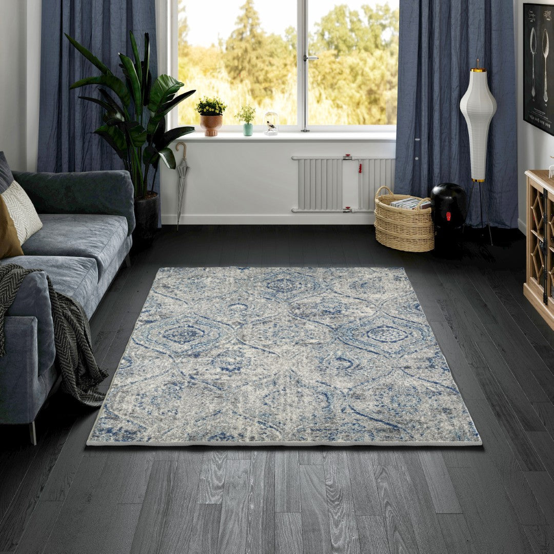 Eviva Loops 3' x 5' Damask Blue/Cream Rug