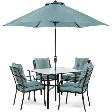 5pc Dining Set: 4 Chairs, 1 Square Table, 1 Umbrella, 1 Umb Base PoshHaus