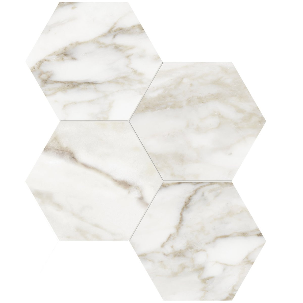 Anatolia Tile 6" Hexagon La Marca Nero Honed & Rectified Porcelain Mosaic - 1 Sheet = .797 - 4501-0333-0" Calacatta Paonazzo 6" Hexagon Honed - premium natural stone mosaic tile from Anatolia Tile, available at PoshHaus showroom in Keene, NH