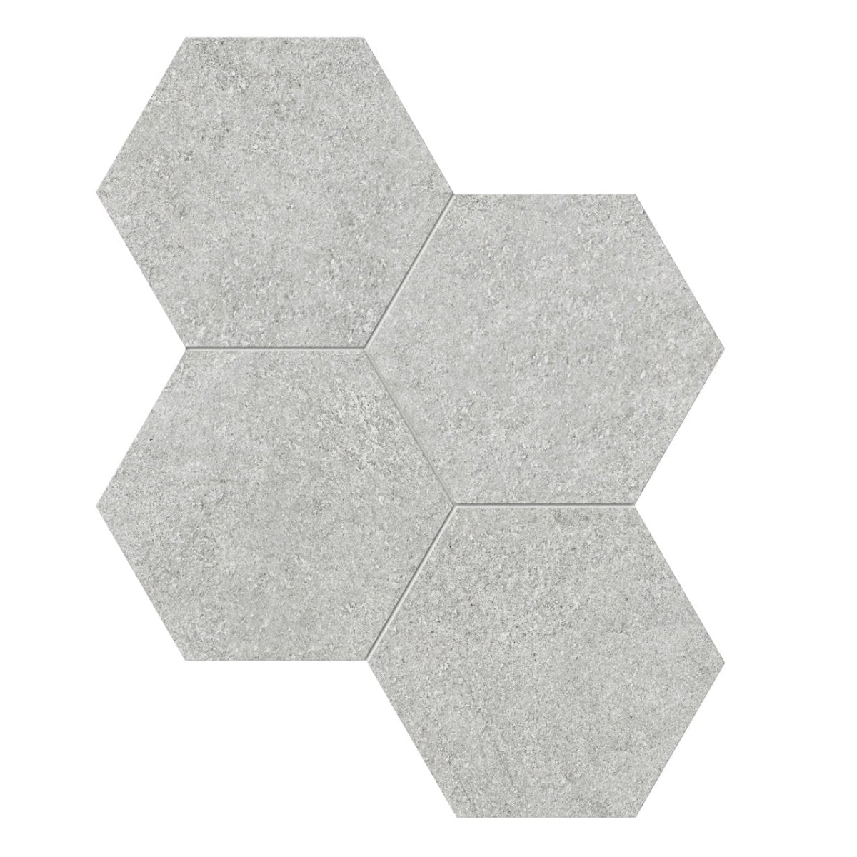 Anatolia Tile 6" Mjork Color Body Porcelain Ash Hexagon 4 Piece Mosaic 4501-0375-0 1 Sheet = .80 Sq. Ft." Ash 6" Hexagon - premium natural stone mosaic tile from Anatolia Tile, available at PoshHaus showroom in Keene, NH
