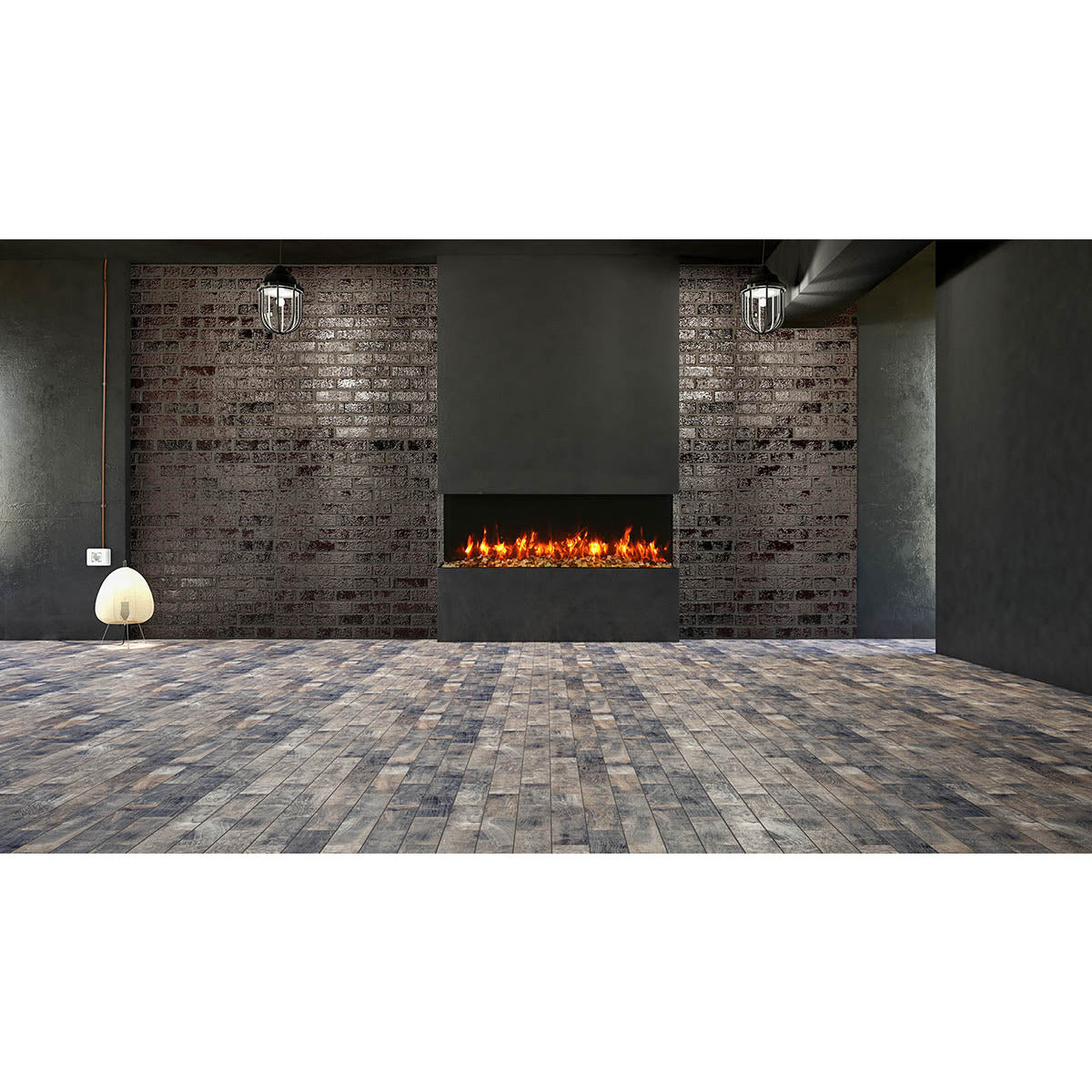 Amantii 60-TRV-SLIM Trv View Slim Smart Electric - 60" Indoor / Outdoor WiFi Enabled 3 Sided Fireplace Featuring a depth of 10 5/8", MultiFunction Remote Control, Multi Speed Flame Motor, and a 10 piece Birch Log Set