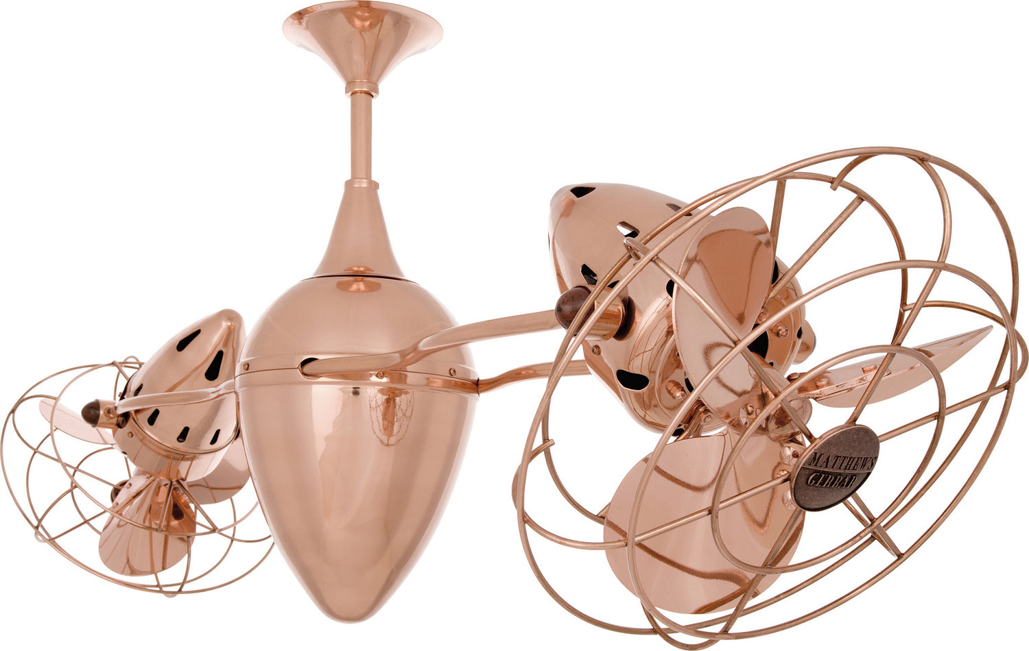 Matthews Fan AR-BRCP-MTL Ar Ruthiane 360° dual headed rotational ceiling fan in brushed copper finish with metal blades.