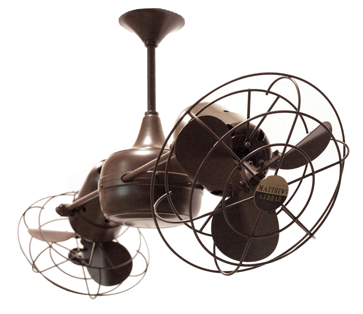 Matthews Fan DD-BZZT-MTL Duplo Dinamico 360” rotational dual head ceiling fan in Bronzette finish with metal blades.