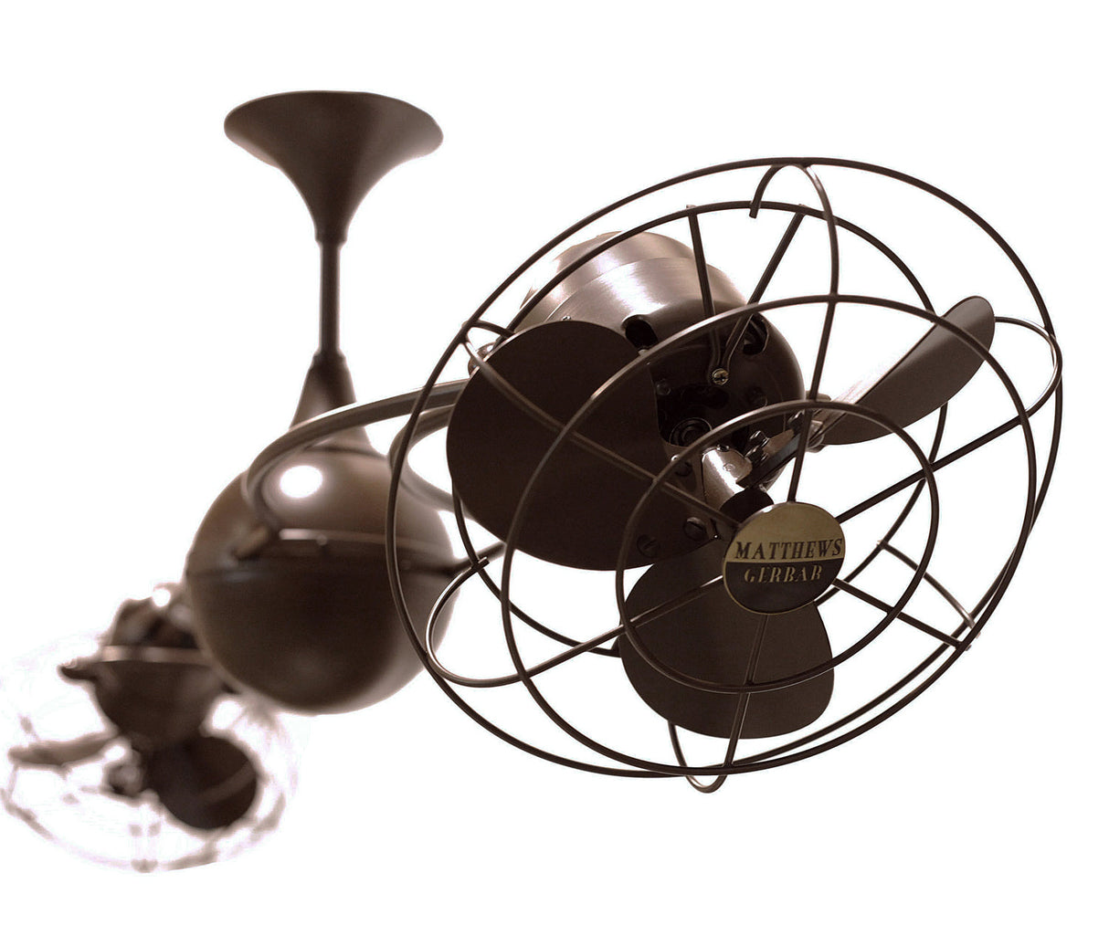 Matthews Fan IV-BZZT-MTL Italo Ventania 360° dual headed rotational ceiling fan in bronzette finish with metal blades.