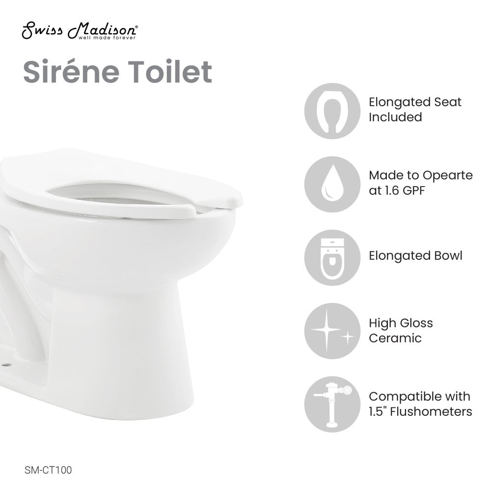 Sirene Floor-Mounted Commercial Elongated Top Flush Spud Flushometer Toilet Bowl