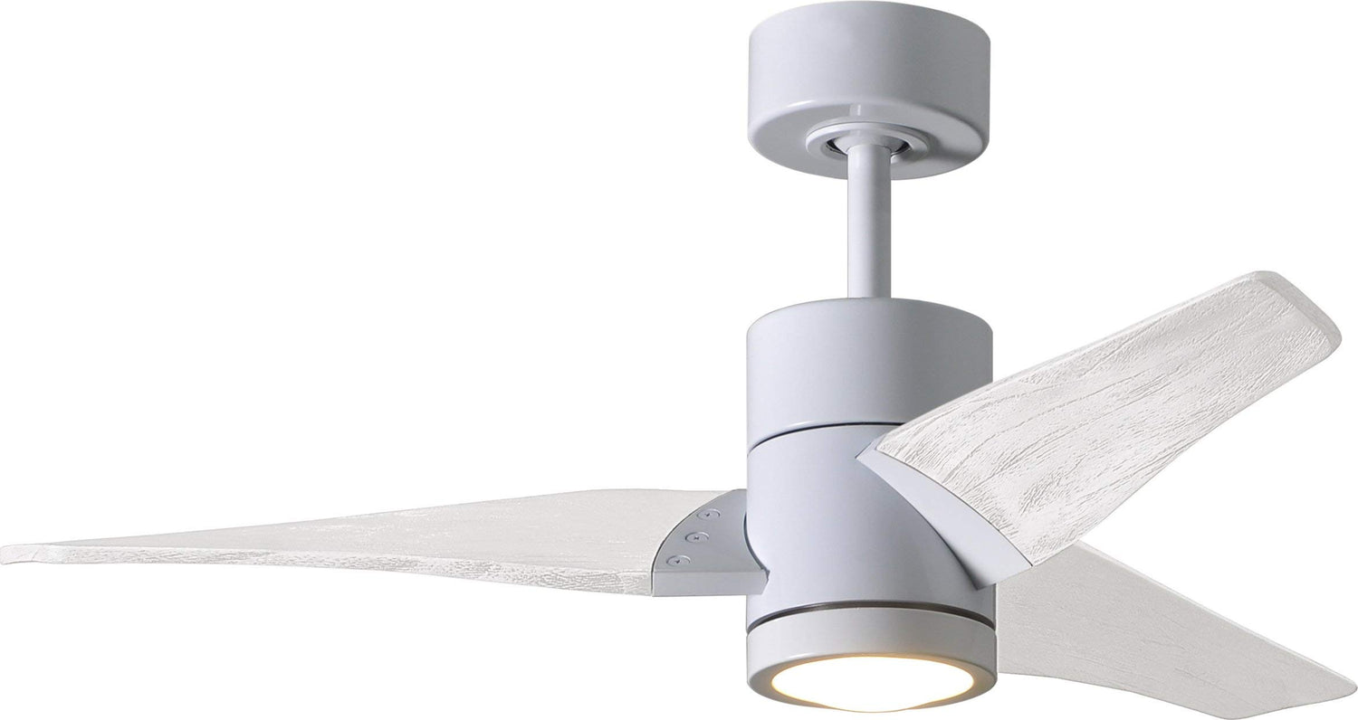 Matthews Fan SJ-WH-MWH-42 Super Janet three-blade ceiling fan in Gloss White finish with 42” solid matte white wood blades and dimmable LED light kit