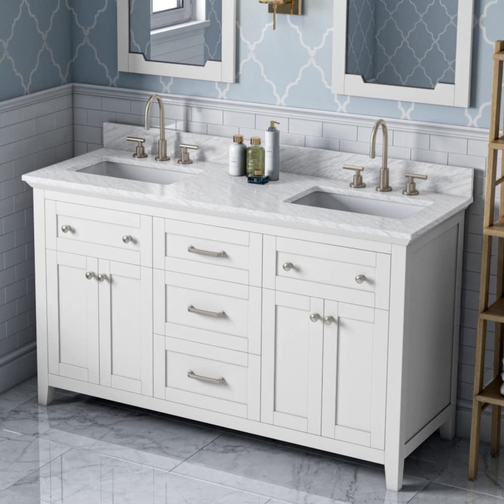 Jeffrey Alexander VKITCHA60WHWCR 60" White Chatham Vanity, double bowl, White Carrara Marble Vanity Top, two undermount rectangle bowls