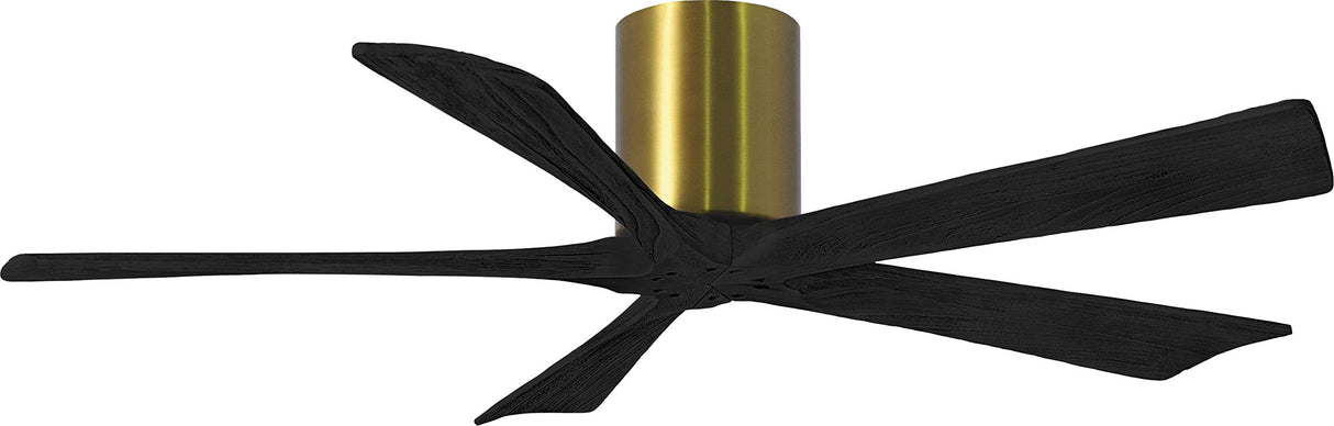 Matthews Fan IR5H-BRBR-BK-52 Irene-5H five-blade flush mount paddle fan in Brushed Brass finish with 52” solid matte black wood blades.