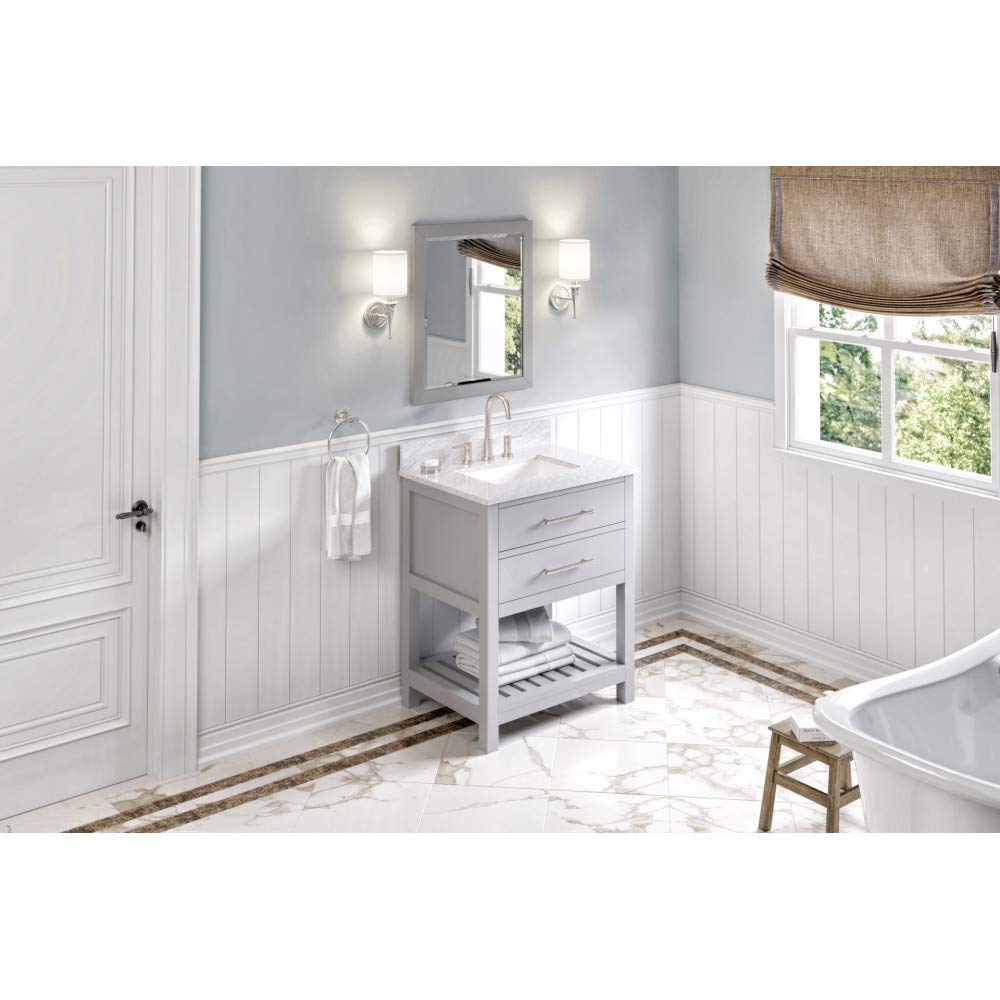 Jeffrey Alexander VKITWAV30GRWCR 30" Grey Wavecrest Vanity, White Carrara Marble Vanity Top, undermount rectangle bowl