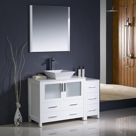 Fresca FVN62-3612WH-VSL Fresca Torino 48" White Modern Bathroom Vanity w/ Side Cabinet & Vessel Sink