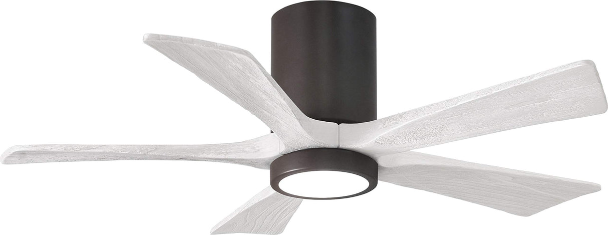 Matthews Fan IR5HLK-TB-MWH-42 IR5HLK five-blade flush mount paddle fan in Textured Bronze finish with 42” solid matte white wood blades and integrated LED light kit.