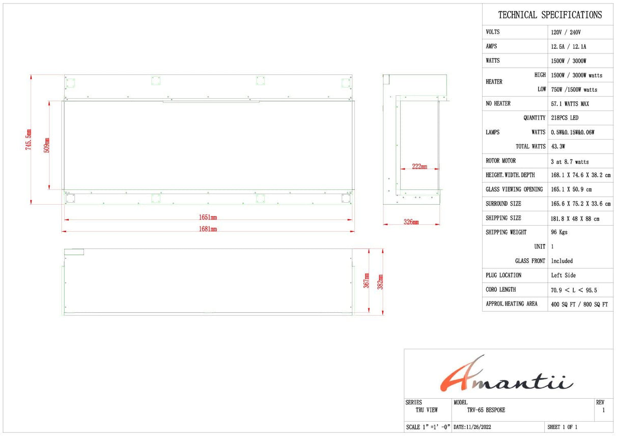 Amantii TRV-65-BESPOKE Tru View Bespoke - 65" Indoor / Outdoor 3 Sided Electric Fireplace Featuring a 20" Height, WiFi Compatibility, Bluetooth Connectivity, Multi Function Remote, and a Selection of Media Options