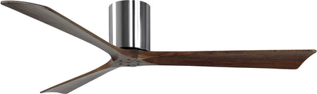 Matthews Fan IR3H-CR-WA-60 Irene-3H three-blade flush mount paddle fan in Polished Chrome finish with 60” solid walnut tone blades. 