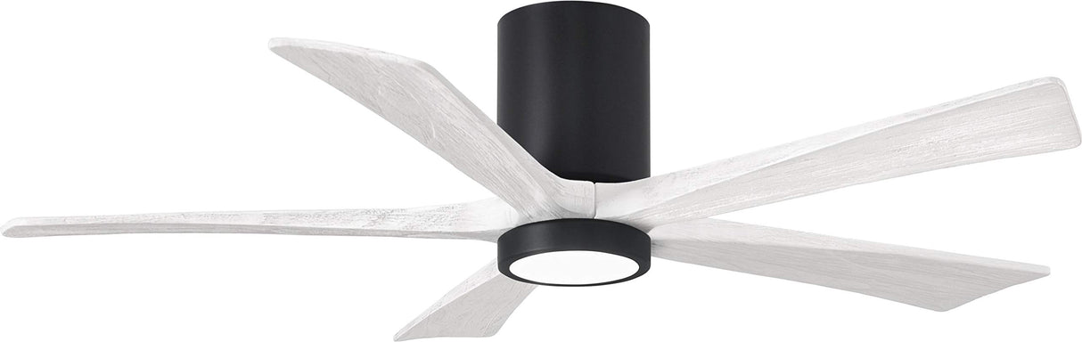 Matthews Fan IR5HLK-BK-MWH-52 IR5HLK five-blade flush mount paddle fan in Matte Black finish with 52” solid matte white wood blades and integrated LED light kit.