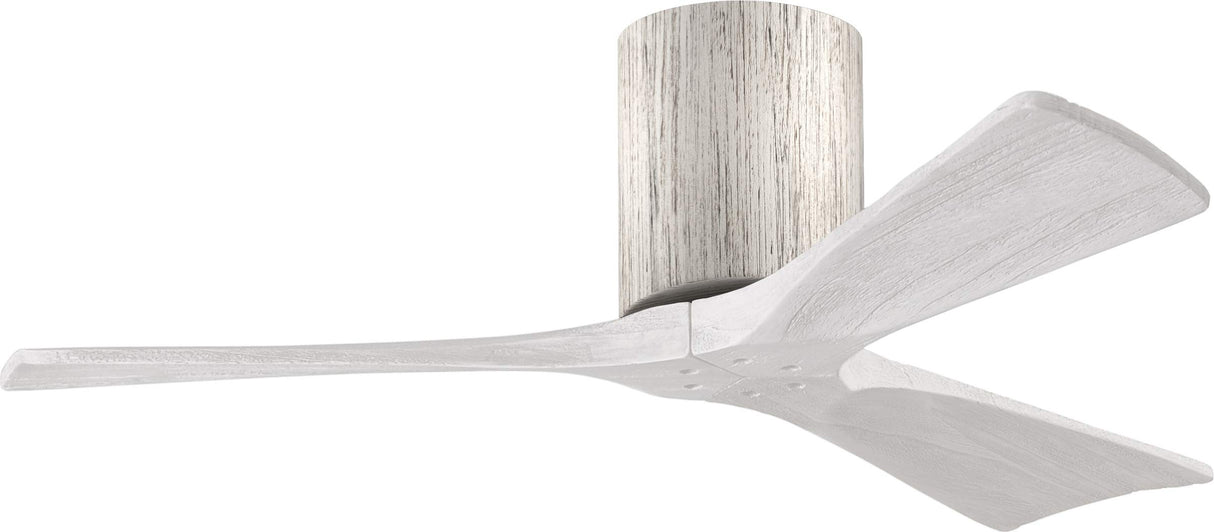 Matthews Fan IR3H-BW-MWH-42 Irene-3H three-blade flush mount paddle fan in Barn Wood finish with 42” solid matte white wood blades. 