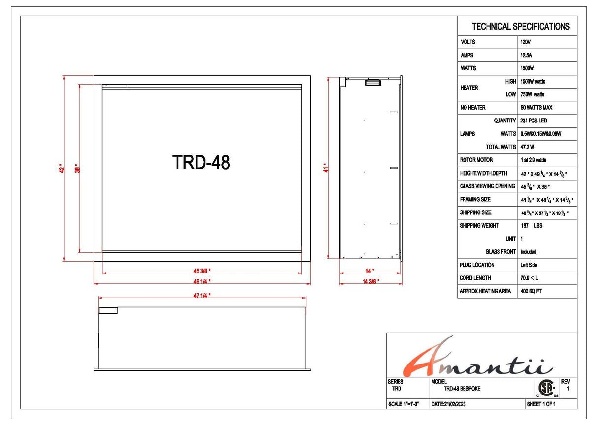 Amantii TRD-48-BESPOKE Traditional Bespoke - 48" Indoor / Outdoor Electric Insert Featuring, WiFi Compatibility, Bluetooth Connectivity, Multi Function Remote, and a Selection of Media Options