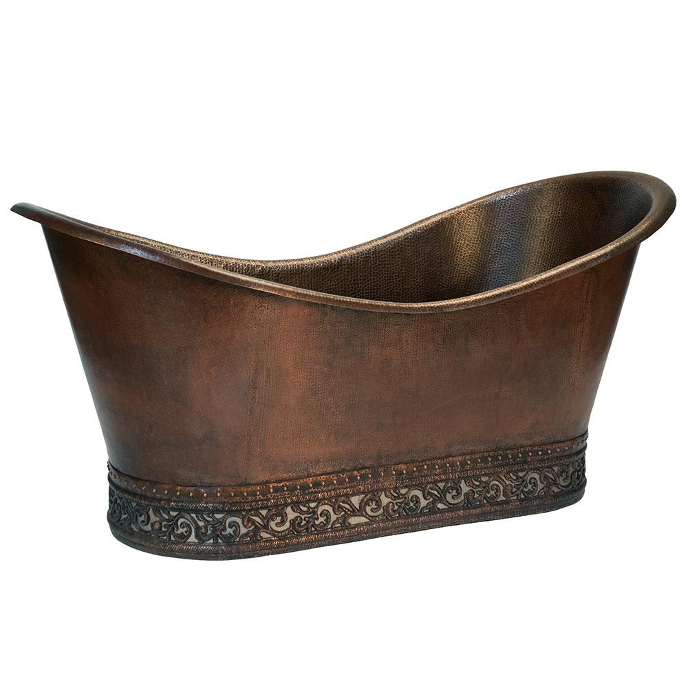 Premier Copper Products BTN67DB 67-Inch Hammered Copper Double Slipper Bathtub with Scroll Base and Nickel Inlay, Oil Rubbed Bronze