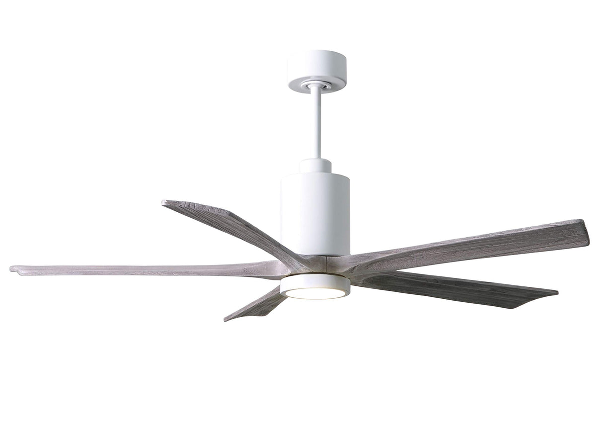 Matthews Fan PA5-WH-BW-60 Patricia-5 five-blade ceiling fan in Gloss White finish with 60” solid barn wood tone blades and dimmable LED light kit