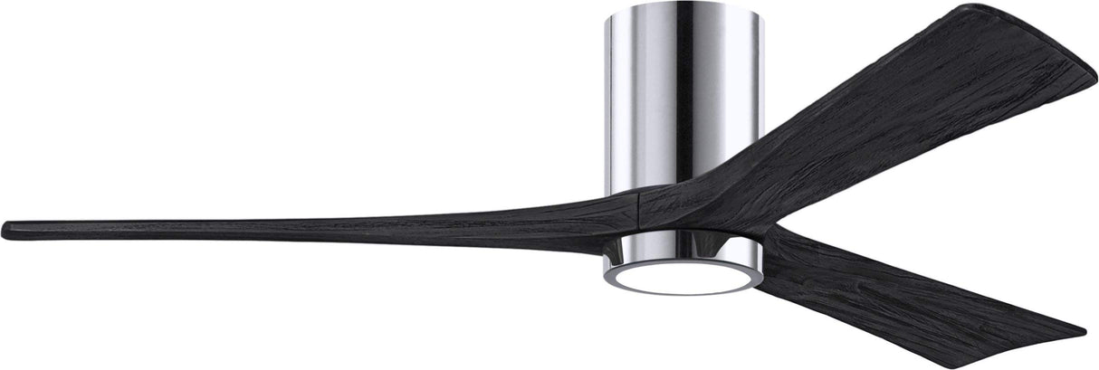Matthews Fan IR3HLK-CR-BK-60 Irene-3HLK three-blade flush mount paddle fan in Polished Chrome finish with 60” solid matte black wood blades and integrated LED light kit.