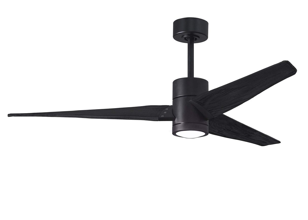 Matthews Fan SJ-BK-BK-60 Super Janet three-blade ceiling fan in Matte Black finish with 60” solid matte blade wood blades and dimmable LED light kit 