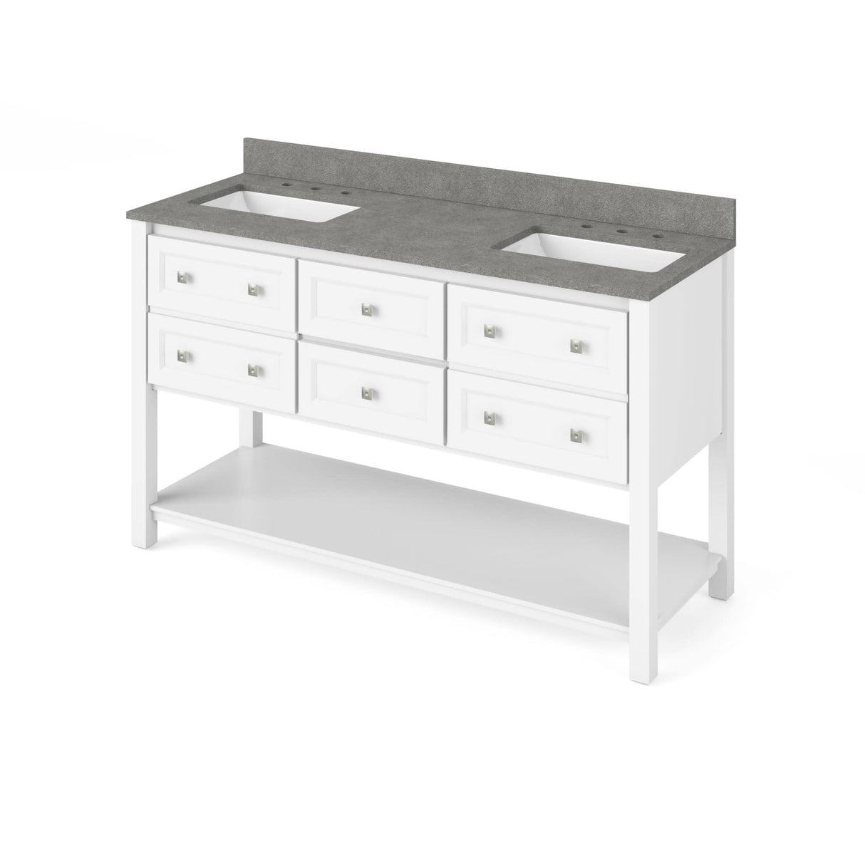 Jeffrey Alexander VKITADL60WHSGR 60" White Adler Vanity, double bowl, Steel Grey Cultured Marble Vanity Top, two undermount rectangle bowls