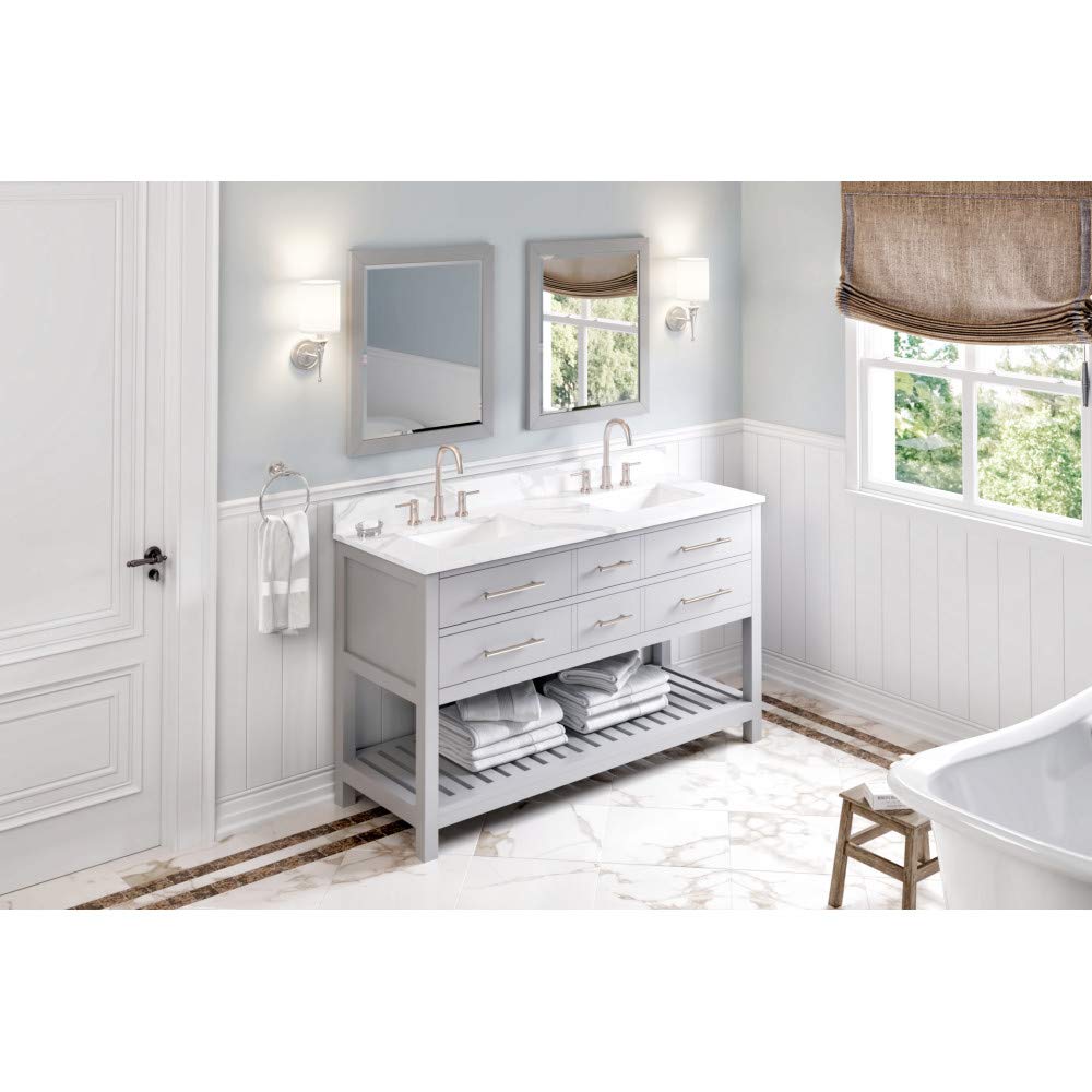 Jeffrey Alexander VKITWAV60GRCQR 60" Grey Wavecrest Vanity, double bowl, Calacatta Vienna Quartz Vanity Top, two undermount rectangle bowls