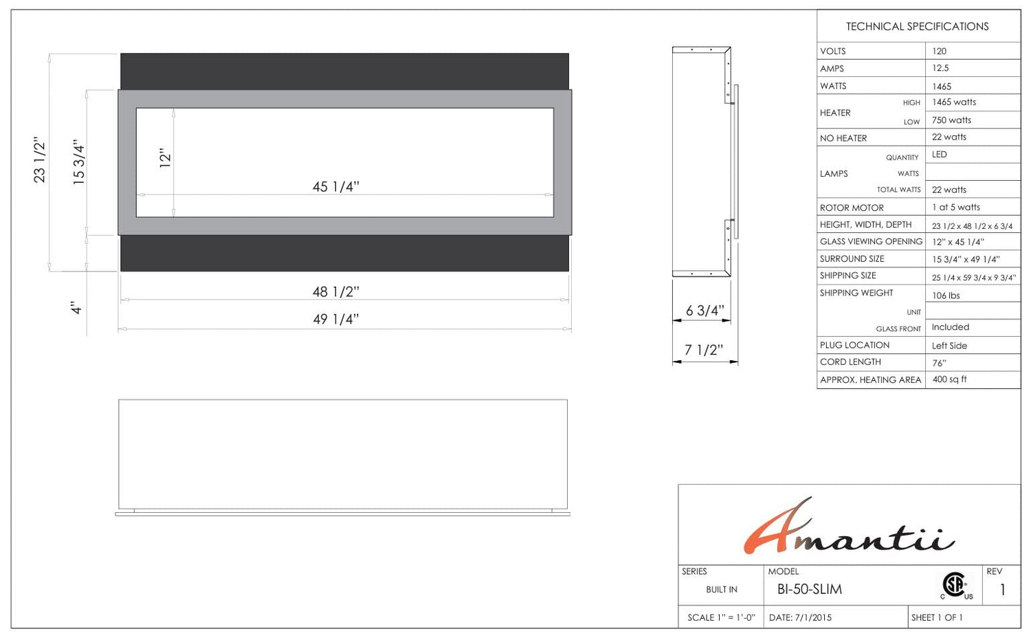 Amantii BI-50-SLIM-OD Panorama Slim Full View Smart Electric  - 50" Indoor /Outdoor WiFi Enabled Fireplace, featuring a MultiFunction Remote, Multi Speed Flame Motor, Glass Media & a Black Trim
