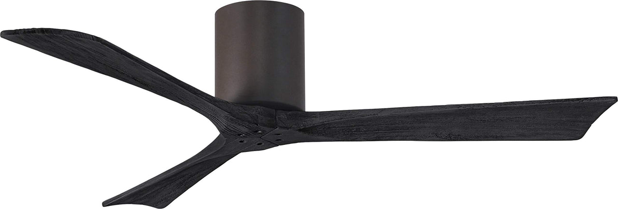 Matthews Fan IR3H-TB-BK-52 Irene-3H three-blade flush mount paddle fan in Textured Bronze finish with 52” solid matte black wood blades.