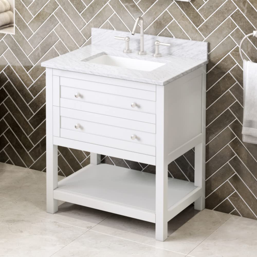 Jeffrey Alexander VKITAST30WHWCR 30" White Astoria Vanity, White Carrara Marble Vanity Top, undermount rectangle bowl
