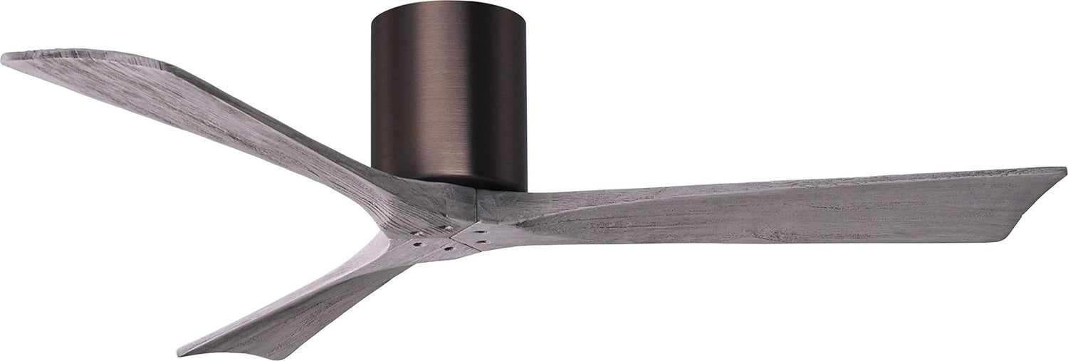 Matthews Fan IR3H-BB-BW-52 Irene-3H three-blade flush mount paddle fan in Brushed Bronze finish with 52” solid barn wood tone blades.